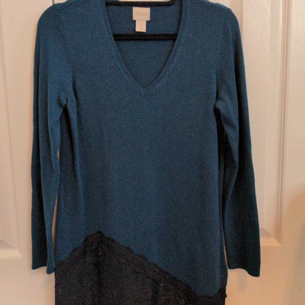 Chico's teal tunic sweater with lace trim